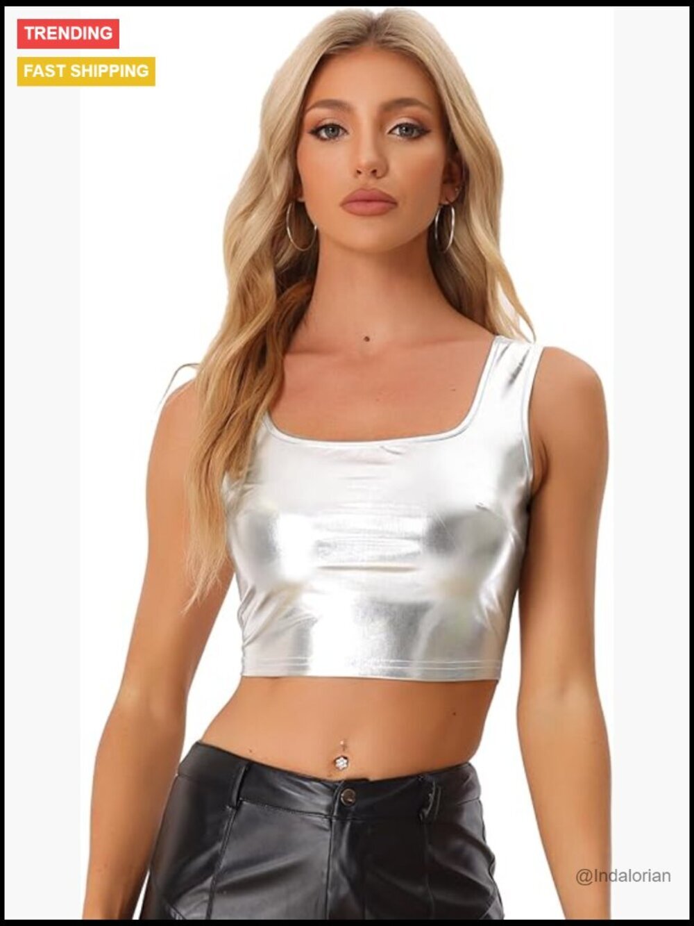 Sleeveless U Neck Metallic Shiny Crop Top for Party Club